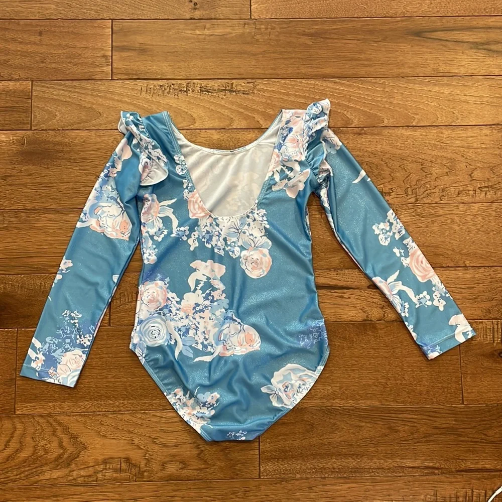 Girls Long-Sleeve Shabby Chic Blue Gymnastics Leotard Dance Leotard - Size 150